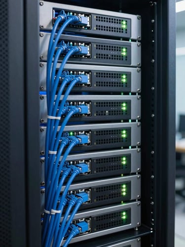 Meticulously organized server rack with clean blue ethernet cables, glowing indicator lights, cool office lighting, sharp professional focus.