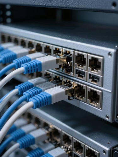 Macro shot of clean corporate server rack, perfectly organized blue and white ethernet cables plugged into switches, cool-toned professional office lighting, shallow depth of field