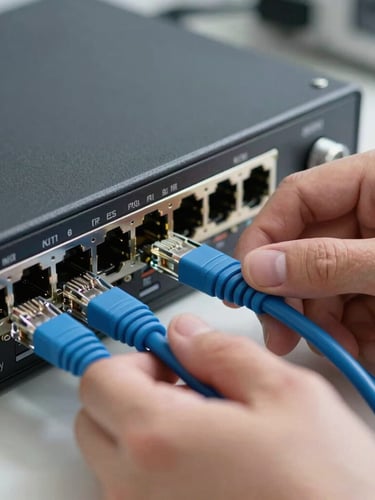 Close-up of a technician's hands configuring a high-performance network switch with clean blue ethernet cables