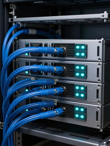Macro shot of clean, meticulously organized server racks with perfect blue cable management and glowing cyan LED status lights, shallow depth of field.