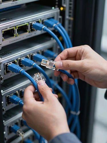 Close-up of a network engineer's hands organizing blue ethernet cables in a clean, modern server rack, daylight, shallow depth of field.