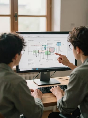 Over-the-shoulder medium shot of two software engineers in a cozy Scandinavian-style office with warm wood accents, discussing an architectural diagram on a matte monitor, soft natural window daylight, 35mm film grain.