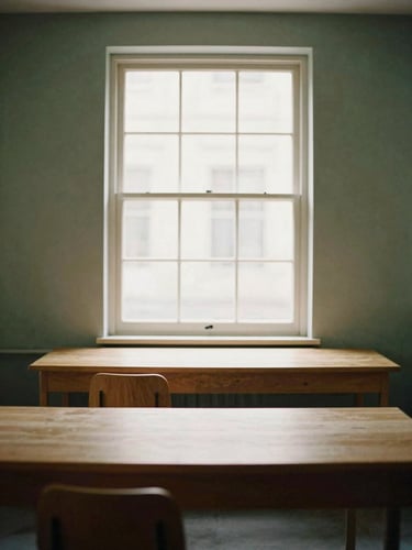 Soft natural window light illuminating a clean, minimalist Scandinavian engineering studio with warm wood desks, a low horizon, and a cozy atmosphere, 35mm film grain.
