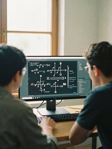 Over-the-shoulder shot of two software engineers collaborating over complex mathematical diagrams on a large monitor, soft natural daylight from a window, warm wood accents in a minimalist Scandinavian studio, 35mm film grain