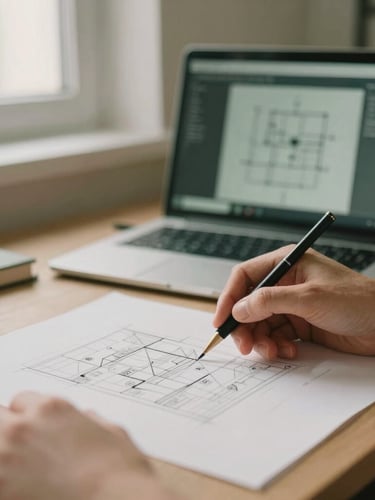 Medium close-up of a software engineer collaborating over architectural diagrams in a warm, minimalist workspace with soft natural light
