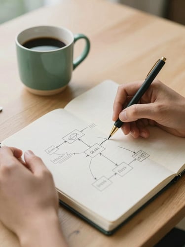 Close-up of hands sketching a high-level system architecture on a paper notebook next to a ceramic coffee mug, warm morning light, minimalist wooden table, shallow depth of field.