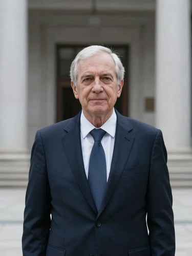 Symmetrical eye-level portrait of a senior legal advisor in a dark navy formal suit, unsmiling, cool diffused daylight, modern civic office background.