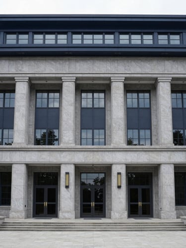 Straight-on eye-level architectural photography of a modern civic courthouse facade, cool diffused daylight, sharp focus, symmetrical composition.