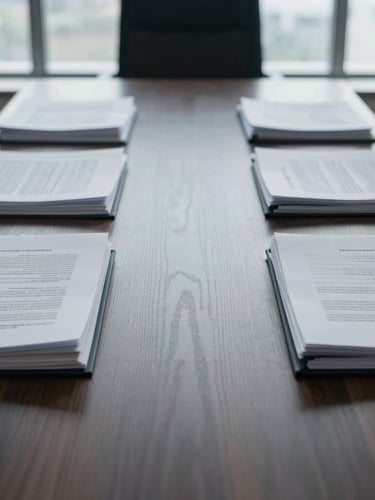 Symmetrical close-up of structured legal documents and folders stacked on an empty dark wood conference table, cool diffused office window light.