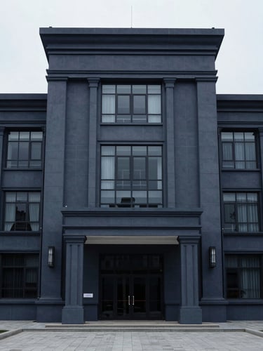 Straight-on symmetrical shot of a modern civic court building exterior, cool diffused overcast daylight, desaturated navy tones, sharp focus.