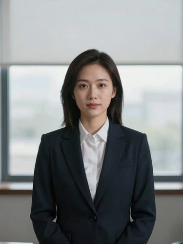 Symmetrical eye-level portrait of a professional legal advisor in formal dark attire, neutral office window light, unsmiling and authoritative.
