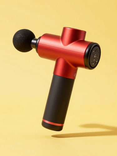 Vibrant studio shot of a sleek red massage gun floating against a sunny yellow background, high-key lighting, crisp shadows