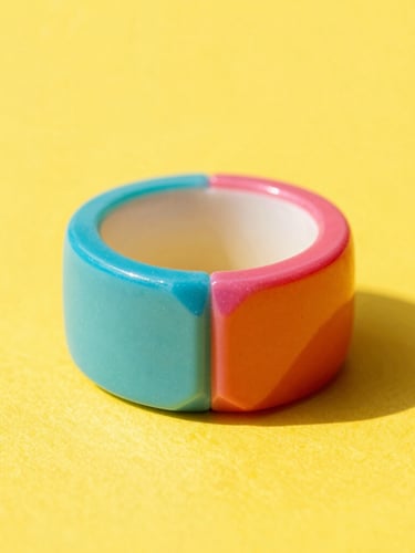 A vibrant close-up of a chunky geometric acrylic ring on a bright sunny yellow backdrop, high-key studio lighting, crisp shadows, pop-art aesthetic