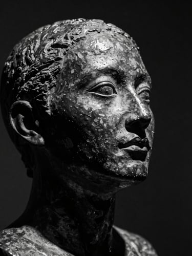 Stark monochrome gallery photography, dramatic chiaroscuro spotlighting, deep obsidian shadows, crisp high-contrast details, 35mm. Extreme close-up of a physical bronze sculpture texture, rough weathered metallic surface catching sharp dramatic light.