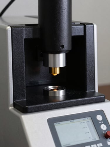 Extreme close-up of an XRF gold testing machine front panel, detector aperture and control interface visible, studio strobe lighting, high contrast black and silver surfaces, no background distractions