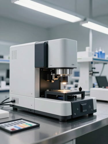 Wide environmental shot of a laboratory setup, full XRF analyzer on a stainless-steel bench during active gold testing, overhead fluorescent lighting, high contrast whites and blacks, calibration reference samples visible on the bench surface