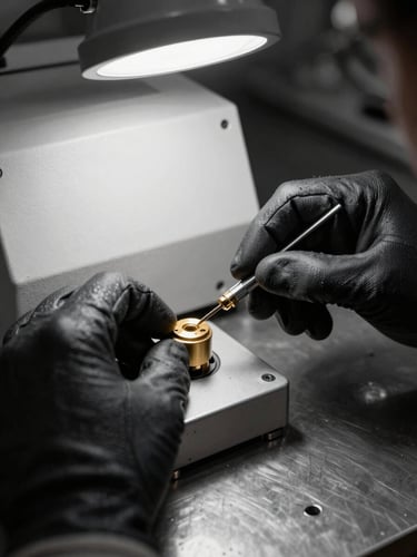 Close-up of an engineer's gloved hands aligning a calibration wand against the sensor port of an XRF gold testing machine on a steel workbench, sharp studio strobe light from above casting hard shadows, black and white tones with metallic glint
