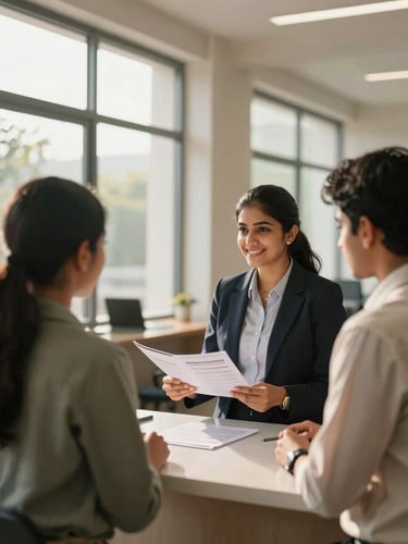 A medium shot of a modern, sunlit college admissions office in Hyderabad. A smiling female admissions counselor in professional attire is guiding a student and their parent through a brochure. Warm, natural light streams through large windows, highlighting clean architectural lines.