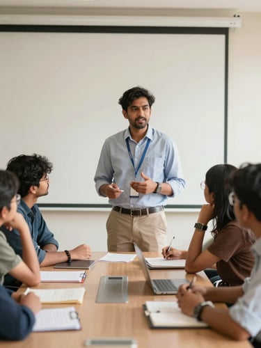 Medium shot of a professional corporate mentor speaking to engaged Indian college students in a bright, modern boardroom setting, warm natural daylight.