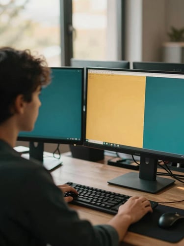 Candid over-the-shoulder shot of a young professional designing on a dual-monitor setup, warm ambient window light, deep teal accents, shallow depth of field, 35mm