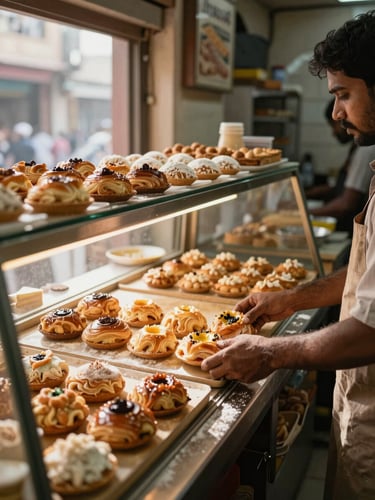 Wide shot of a busy Dhaka bakery counter, close framing on hands arranging fresh pastries on a wooden display shelf, warm natural window light from the left, flour dusting visible on the surface, the shop interior softly blurred in background