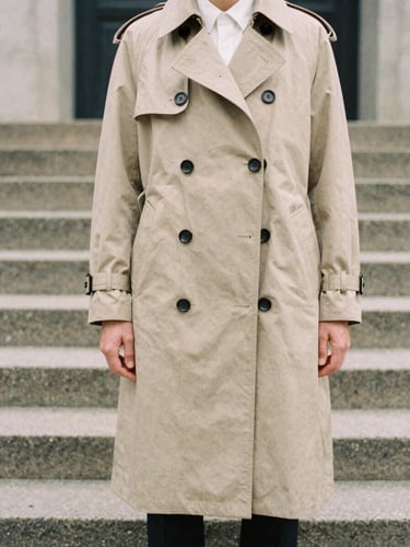 A medium-long environmental shot of a model wearing a structured oatmeal trench coat, standing on concrete steps in soft natural overcast daylight, 35mm film aesthetic.