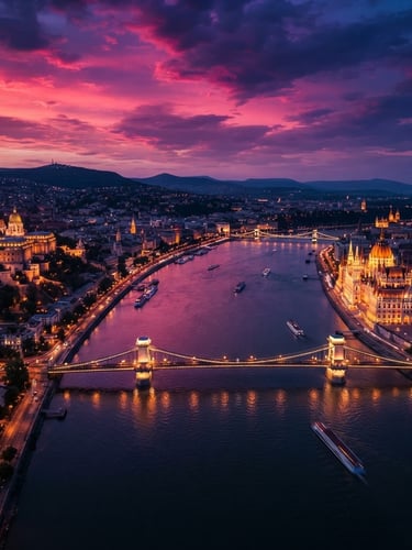 High-altitude twilight cityscape of Budapest, dramatic magenta and deep purple sunset lighting reflecting off the Danube river, wide-angle cinematic frame.