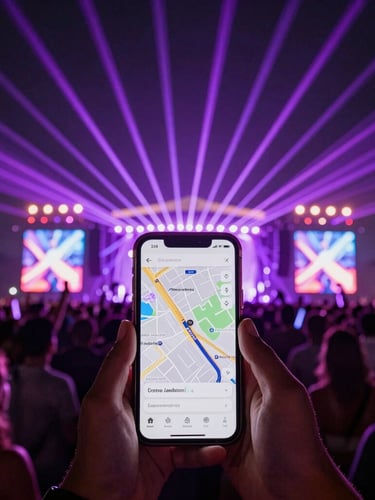Low-angle wide shot of a massive music festival crowd under vibrant purple lasers, a hand holding a phone in the foreground showing a clean map interface, 35mm cinematic grain.