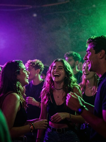 A group of young friends laughing and dancing together under vibrant purple and green festival lights, dust glowing in the air, joyful atmosphere, high contrast