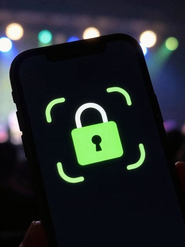 Tight macro shot of a smartphone screen displaying an encrypted secure connection icon, glowing with acid green accents against a dark, out-of-focus background of concert stage lights.