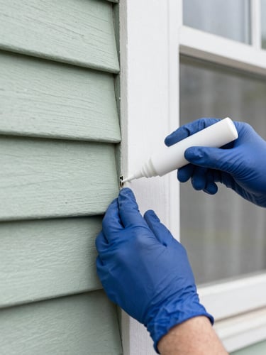 Extreme close-up shot of a professional technician's gloved hands meticulously applying sealant to a small, almost invisible gap in a home's exterior siding, bright natural daylight, crisp focus.