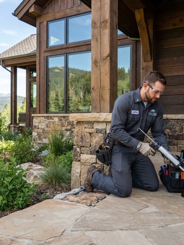 Professional technician in clean, branded uniform inspecting the exterior of a mountain-modern home for pest entry points, bright morning daylight, focused on structural sealing work, with the technician on the right side of the frame.