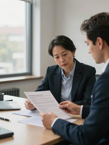 Medium shot from the side, consultant at a tidy office desk reviewing a loan application file, daylight from a wide window to the left, papers and a pen visible on the desk surface, calm institutional atmosphere, no clutter