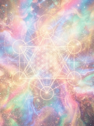 Abstract cosmic texture with soft iridescent pastel gradients and subtle sacred geometry lines, luminous backlighting, 35mm, portrait aspect