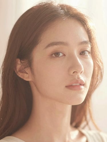 Warm-toned portrait of a woman with a serene expression, luminous ethereal backlighting, soft focus, 35mm, looking slightly off-camera