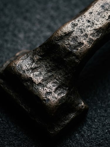 Extreme macro studio photograph of a heavy, textured cast-bronze door pull, deep dramatic side shadows, metallic grain, dark charcoal background