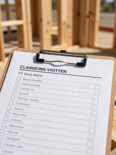 Documentary construction photography, close-up of a physical clipboard with a checklist on a wooden framing background, bright natural California daylight, 35mm lens