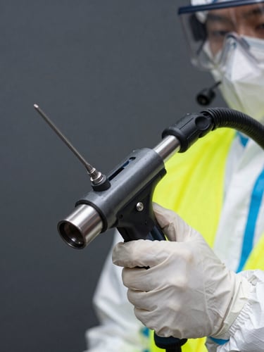 Close-up of a technician in a white hazmat suit holding a specialized steam extractor wand, sharp industrial photography, high-contrast cool studio lighting, slate and safety-yellow tones