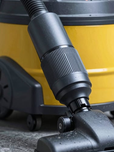 Close-up of a heavy-duty industrial HEPA vacuum machine, sharp industrial photography, cool studio lighting, slate and safety-yellow tones