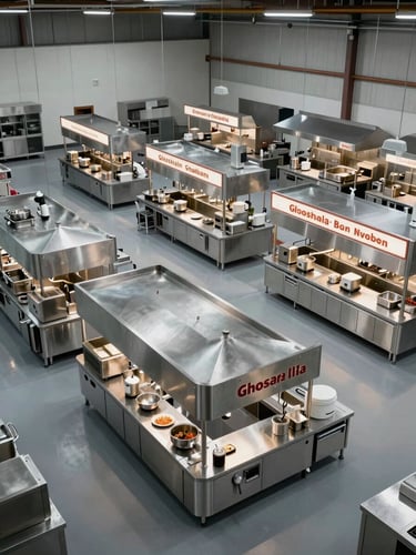 Wide overhead view of a large ghost kitchen facility layout, multiple branded station zones visible from above, cool studio lighting, clean industrial surfaces, no people, emphasis on organized operational scale
