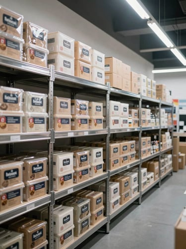 Architectural wide-angle view of a multi-brand kitchen dispatch zone, rows of sealed branded packaging units on stainless shelving under crisp cool overhead lighting, no people, clean lines emphasizing logistical precision and operational volume