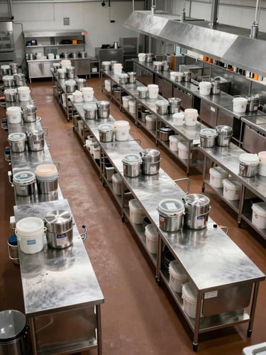 Wide panoramic overhead view of a large-scale ghost kitchen facility, multiple clean stainless-steel stations arranged in precise rows under cool industrial lighting, branded dispatch containers lined up at the far end, no human presence, emphasis on order and systematic scale