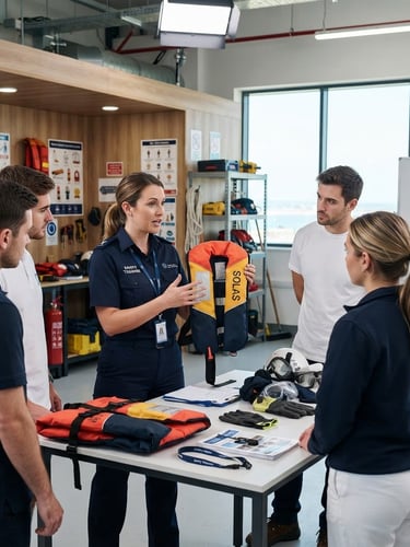Crisp editorial photography of a mock cabin workshop. A professional instructor in a sharp navy uniform demonstrates safety equipment to attentive students. Bright daylight-balanced studio lighting, clean navy and white tones, sharp focus, 50mm lens.