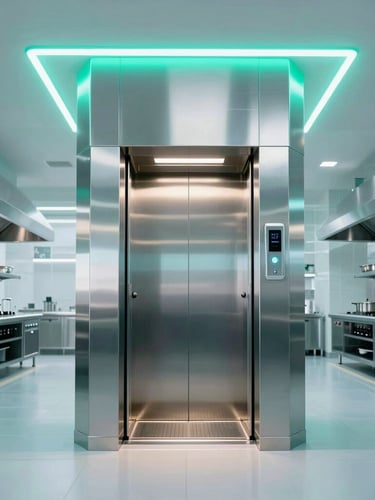 Sleek modern stainless steel dumbwaiter lift open in a pristine, high-tech commercial kitchen, bright cool-toned architectural lighting with sharp teal highlights, geometric symmetry.