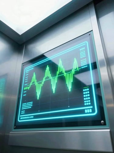 Close-up of a futuristic smart elevator interface displaying glowing cyan and neon green traffic flow charts, sleek glass control panel, bright high-key architectural lighting