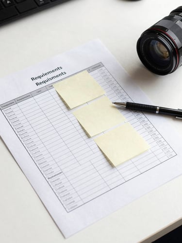 Flat-lay overhead shot of a printed user requirements matrix spread on a white work table, sticky notes annotating rows, a pen resting at the edge, bright north-facing natural light