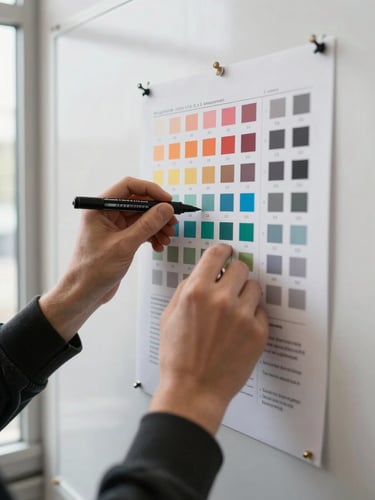 Close-up of hands annotating a printed design system token map pinned to a whiteboard — color token swatches, spacing scale notations, and decision rationale written in fine-tipped marker, bright even window light from the left