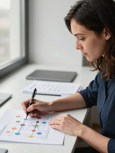 Close-up editorial portrait of a woman UX designer seated at a wide desk, annotating a printed user journey map with a pen, natural north-facing window light falling evenly across her face and the paper, design documentation visible in soft focus behind her, clean studio environment