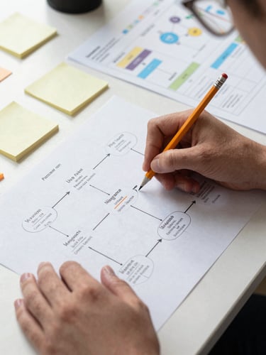 Close-up overhead of a designer's hands annotating a printed user journey map on a light desk, pencil marks visible mid-motion, scattered sticky notes and a system component table in the background, bright even natural light from the left
