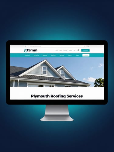 Straight-on desktop browser mockup of Plymouth Roofing Services website, crisp studio lighting, deep navy background with subtle cyan glow, sharp focus, 35mm